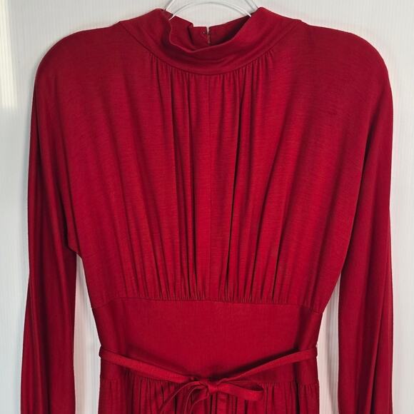 Pauline Trigere Red Wool Jersey Midi Dress Mock Neck Belted Vintage Size 6 - Picture 5 of 11